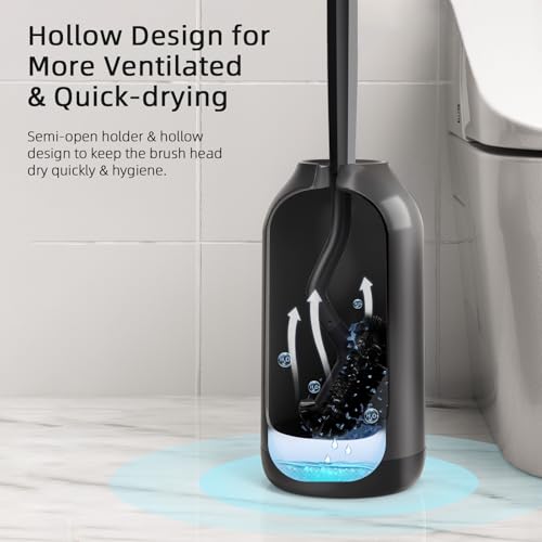 HAMITOR Toilet Bowl Brush Holder Set: Bathroom Deep Cleaning Toilet Cleaner Scrubber Under Rim with Curved Bristle for Dead Corner Clean - Hidden Rv Toilet Decorative Accessories with Caddy- Black - color: Black, size: 1 pack