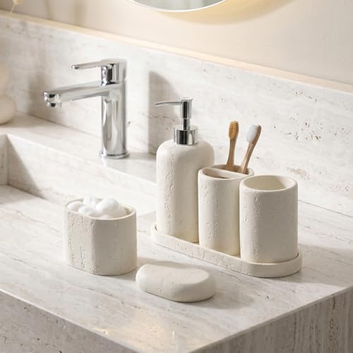 Bathroom Accessories Set, 5PCS, Travertine Stone Look, Off White | Modern, Luxurious, Bathroom Accessory Set with 13.53OZ Soap Dispenser, Tumbler, Toothbrush Holder, Qtip Holder, Vanity Tray - color: Off White