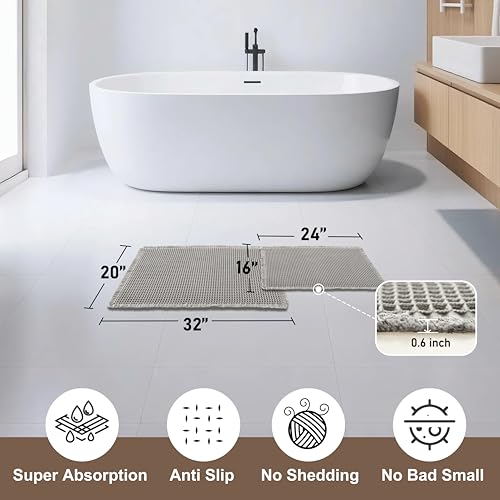 JIUZHEN Set of 2 Waffle Bathroom Rugs Super Absorbent Boho Bath Rugs Non Slip Washable Bath Mats Ultra Soft Machine Washable Shower Mats for Bathroom Floor, Tub, 16" x 24" +20" x 32", Grey - color: Grey, size: 16"x24" + 20"x32"