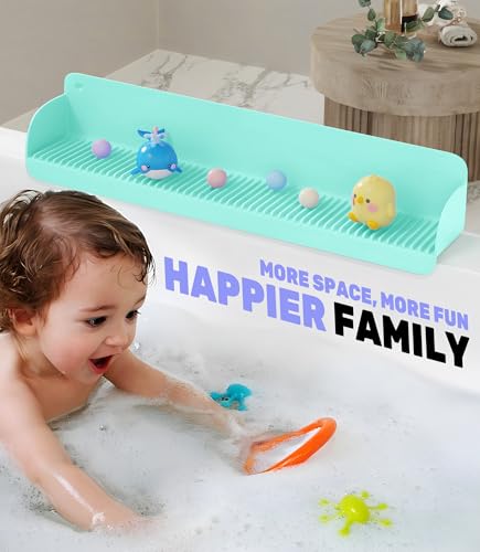 Splash Guard for Bathtub, Silicone Bathtub Topper & Bath Storage Tray, Longer and Higher Water Splash Guard, Bathroom Accessories for Family (Green)
