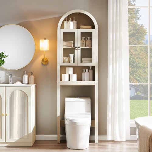 IFGET Arched Over The Toilet Storage Cabinet with Acrylic Doors, Modern Over Toilet Bathroom Organizer Shelf, Small Wooden Bathroom Storage Cabinet with Adjustable Shelf, Space Saver, Cream - color: Cream