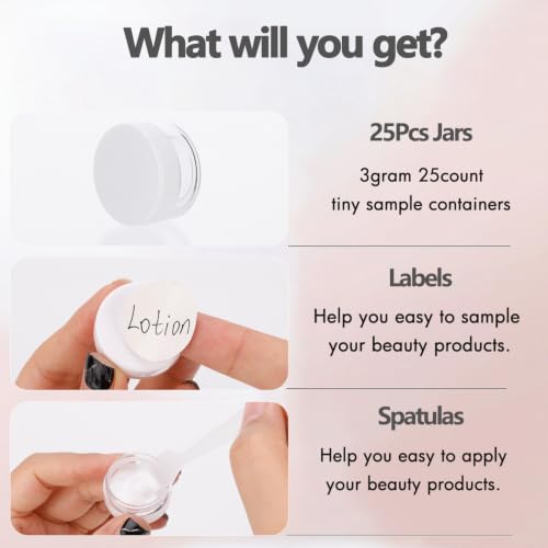 3 Gram Sample Jars with Lids, 25 Count Mini Cosmetic Containers - Makeup Travel Containers with Labels, Tiny Disposable Spatulas - color: White