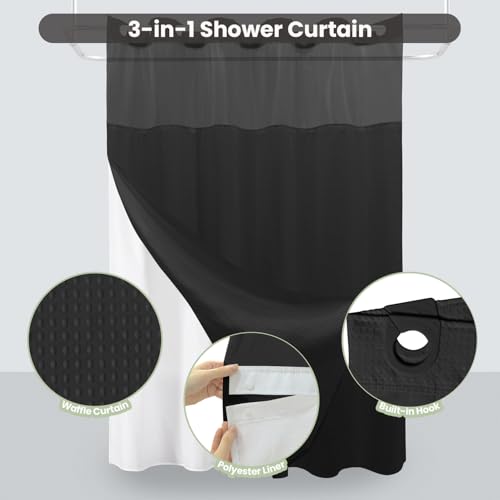 Inhousolu No Hook Shower Curtain with Snap-in Fabric Liner, Waffle Weave 230 GSM Polyester, Weighted Hem, Water Repellent Washable, Mesh Top Window 60" W x 72" L Black - color: Black, size: 60"W x 72"L (Pack of 1)