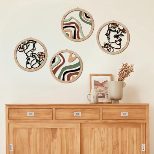 HPNIUB Boho Fashion Woman Wall Decor, Abstract Geometric Line Hanging Wooden Wall Art, 4 Pieces 10''x10'' Minimalist Aesthetic Female Women Face and Floral Wood Sign for Bedroom Living Room, Lady Gift - color: colorful