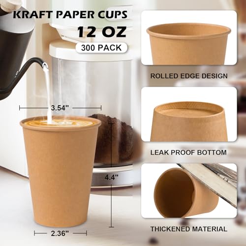SIUQ 300 Pack 12 oz Kraft Paper Cups, Unbleached Disposable Paper Coffee Cups, Thickened Hot/Cold Beverage Drinking Cup for Party, Home, Cafes, Bistros, Businesses (Brown) - style: 12oz-300pack