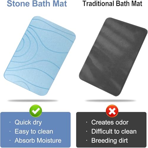 Stone Bath Mat, 2 Pack Diatomaceous Earth Shower Mat, Non-Slip Super Absorbent Quick Drying Bathroom Floor Mat, 24x15, Blue - color: Blue, size: 24" x 15" (2 Pack)