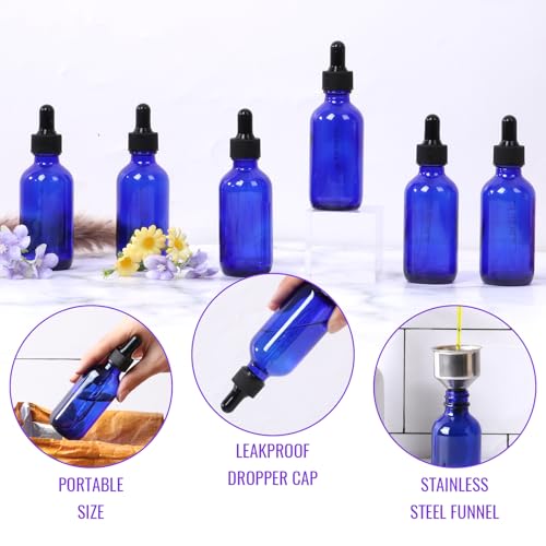 AuroTrends Glass Dropper Bottle 2 oz 24Pack, Blue Glass Tincture Bottles with Dropper, Funnel, Stickers, Plastic Graduated Pipette - color: Blue, size: 2fl.oz-24Pack