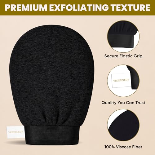Premium Exfoliating Gloves for Shower 1Pcs, 100% Viscose Deep Exfoliating Body Scrubber, Dead Skin Remover, Washcloth Body Exfoliator Scrubber for Self-Tan Removal, Smooth & Renewed Skin - color: Black