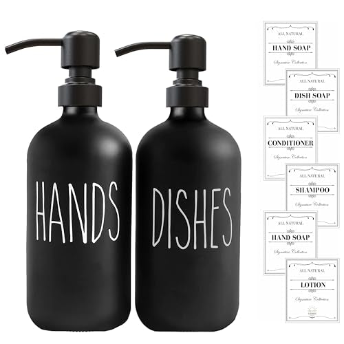 Sunrise Premium 16 OZ Thick Black Glass Soap Dispenser, Matte Black Stainless Steel Pump 2 Pack, Hand and Dish Soap Dispenser Set for Bathroom with 6 Waterproof Labels - color: Matte Black Stainless Steel Pump - Black Glass