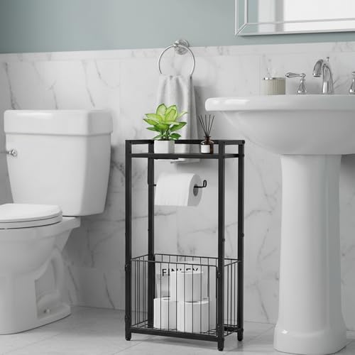Standing Toilet Paper Holder with Shelf, Black Free Standing Toilet Paper Holder Stand, Bathroom Toilet Paper Storage Holder for Bathroom Organization