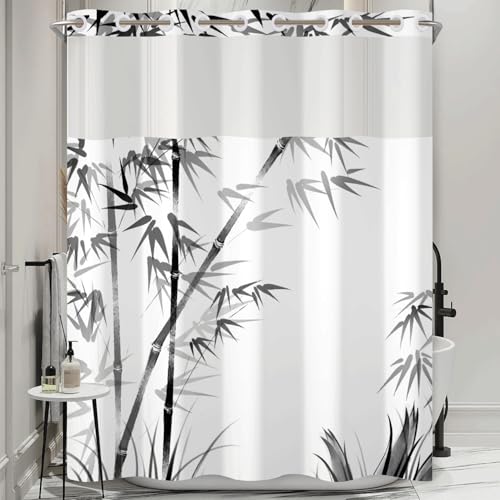 No Hook Shower Curtain and Snap in Liner Set, Black and White Ink Wash Bamboo Print Shower Curtains for Zen Minimalist Japandi Spa Bathroom, Waterproof Bath Curtain with Mesh Top, 71x74 Inch - color: Bamboo