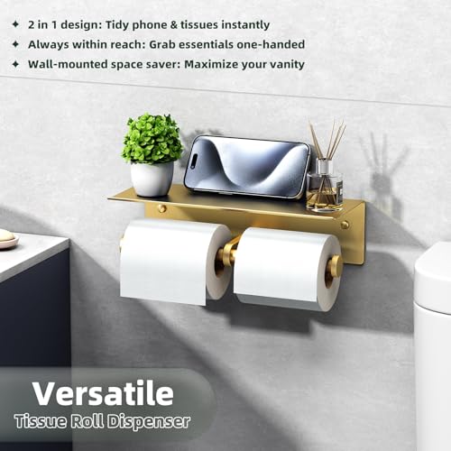 APLusee Brushed Gold Double Toilet Paper Holder with Shelf, Heavy Duty 304 Stainless Steel Tissue Roll Holder, Commercial Paper Dispenser Wall Mounted - color: Brushed Gold, size: Double Rod
