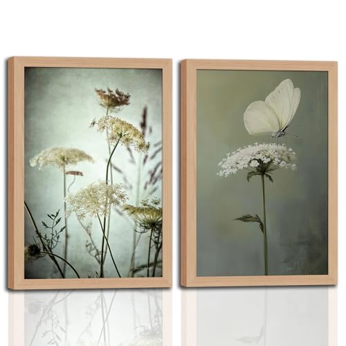 2Pcs Framed Vintage Wall Art Moody Elegant Green radish flowers and Butterfly Canvas Painting Rustic Floral Poster Artwork for Bathroom, Bedroom, Living Room,wooden frame16x24in - color: Green Radish Flowers and Butterfly, size: 16x24 Inches