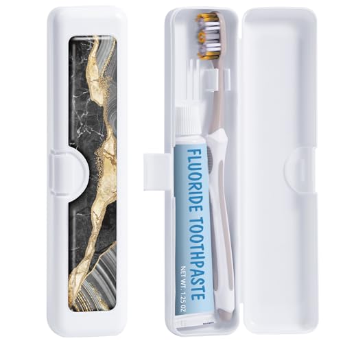 Toothbrush Travel Case - Colorful Pattern, Holder and Covers for Toothbrushes, Includes Tongue Scraper Case - color: Black Marble, size: Small