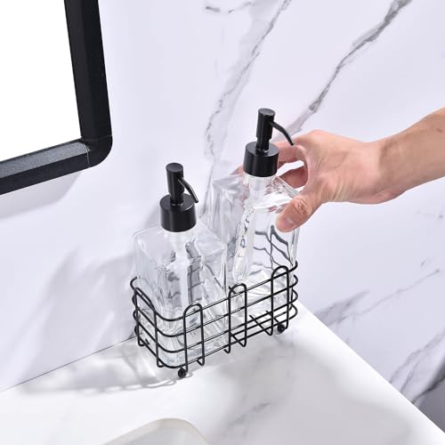 Modern Square Clear Glass Soap Dispenser Set of 2, 13.5oz Refillable with Rust Proof Pump, Leak-Proof Dish & Hand Soap Dispenser for Kitchen Bathroom Sink