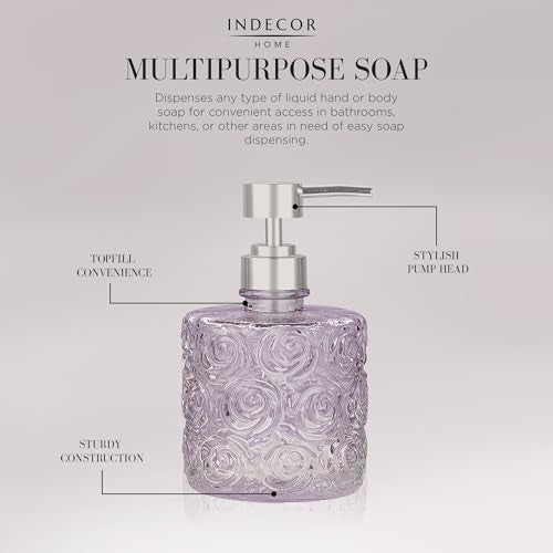 Marcella Glass Soap Dispenser with Soap Pump, Refillable 14 Ounce Capacity, Floral Design Rose Patterns, Heavy Weight Thick Glass for Bathroom, Premium Kitchen Soap Dispenser Lavender - color: Lavender Frost