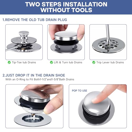 Chrome Plated Universal Tip Toe Tub Stopper and Water Stopper, Pop Up Bathtub Drains Plug, Bathroom Bath Tub Drain Stoppers, Replaces Lift and Turn, Tip-Toe and Trip Lever drains for Tub, EZ Install - color: Chrome Plated