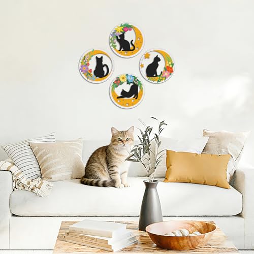 TOARTi 4PCS Boho Cat Moon Wall Decor,Colorful Floral Cats Wooden Wall Art,Black Cats Flower Hanging Sign,Farmhouse Minimalist Geometric Botanical Kitten Artwork for Bedroom Home,Cat Lovers Gifts - color: 4pcs Boho Cat Moon Wall Decor