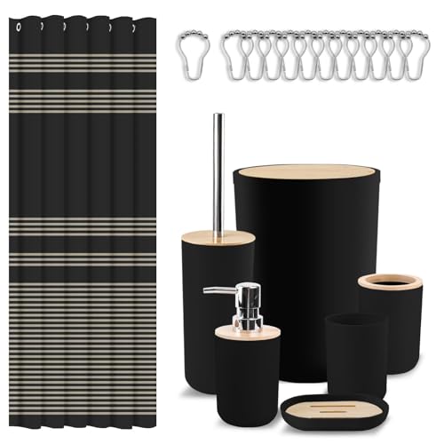 Bathroom Accessories Set - 19 PCS Black Bathroom Set with Shower Curtain, Trash Can, Toilet Brush Holder Toothbrush Holder & Dispenser - Modern Bamboo Plastic Complete Bath Decor for Apartment - color: Black1
