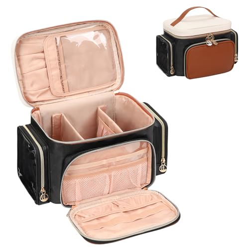 Bagmoly Large Makeup Bag, Portable Travel Makeup Bag Organizer for Women Girls with Makeup Brush Compartment & Two Side Pockets, Cosmetic Travel Bag Vertical Storage Toiletry Bag- Brown - color: 02-Black Brown, size: Medium
