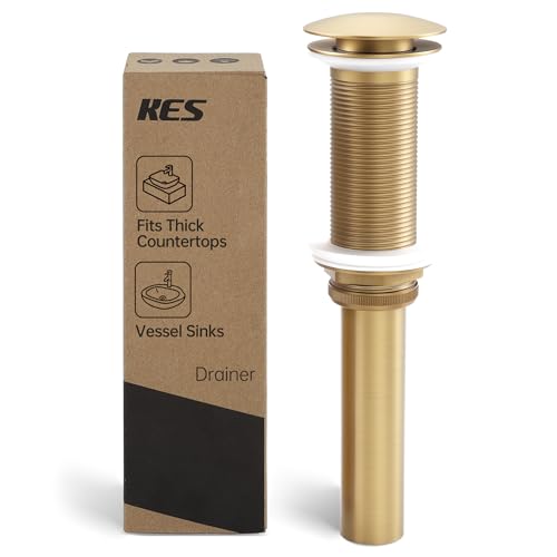 KES All-Metal Pop Up Bathroom Sink Drain, Extended Thread for Thicker Vessel Sinks & Countertops, Durable Brass & Stainless Steel, No Overflow, Brushed Gold, S2022D-BZ - color: Brushed Gold, style: NO Overflow, Long Thread