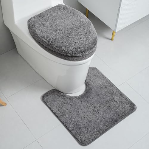 3piece Toilet Seat Cover Set - Toilet Seat Cover +Toilet Lid Cover + toilet rugs u shaped washable, Fits Most Elongated Round and Oblong Toilet(Machine Washable,Quick-Dry) grey - color: Gray