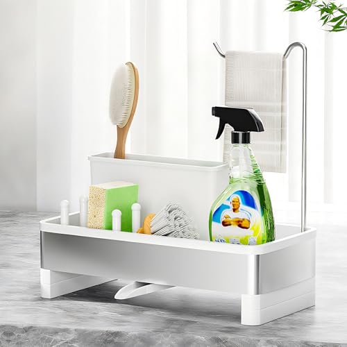 Ewaiira Sponge Holder for Kitchen Sink, Stainless Steel Sink Caddy with Brush Holder & Dishcloth Rack, Countertop Sink Organizer, Soap Dispenser Kitchen Organizers Storage Essentials (E-White 9.8″) - color: E-white