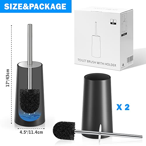 Toilet Brush and Holder, 2 Pack Toilet Brush with 304 Stainless Steel Long Handle, Toilet Bowl Brush for Bathroom Toilet-Ergonomic, Elegant,Durable (Black) - color: Black
