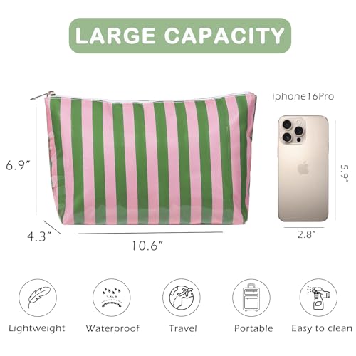 RSRSLEII Large Waterproof Travel Stripe Makeup Bag,Aesthetic PVC Toiletry Bag,Coquette Cosmetic Bag Organizer,Cute Preppy Carry-on Travel Accessories Essentials for Women Girls(01Pink Green) - color: 01Pink Green