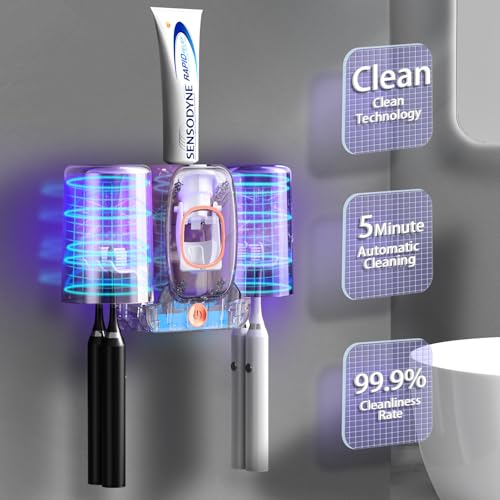 Toothbrush Holders for Bathrooms, Wekity Automatic Toothpaste Dispenser Space Saving Toothbrush and Toothpaste Holder，Toothbrush Holder Wall Mounted with 2 Cups for Bathroom (Black)… - color: Black