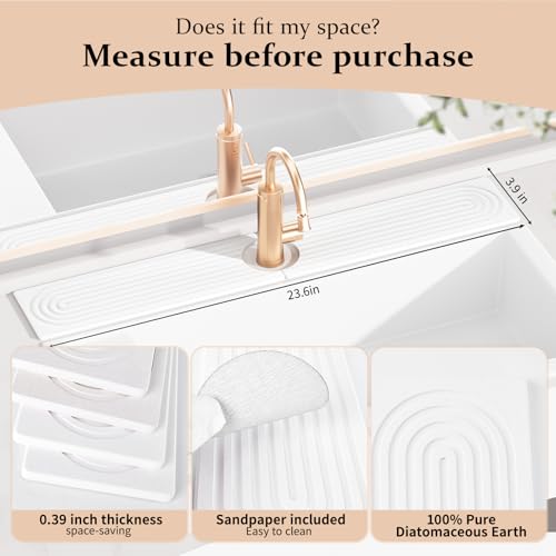 Faucet Mat for Kitchen Sink ，Water Absorbing Stone Tray for Sink，23.6 inches Long Diatomite Fast-Drying Faucet Mat， Faucet Splash Guard for Bathroom Counter
