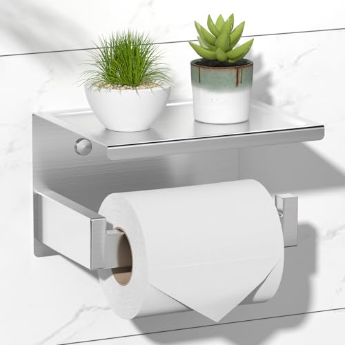 HITSLAM Brushed Nickel Silver Toilet Paper Holder, Stick on Silver Toilet Paper Holder with Shelf, Self Adhesive No Drill or Wall-Mount with Screws for Bathroom - color: Brushed Nickel, size: Medium