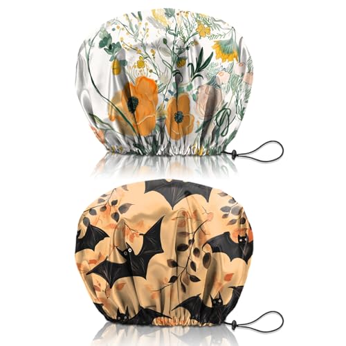 2 PCS Shower Cap Reusable Waterproof Double Layers Hair Caps Shower Bath Adjustable Elastic Hat for Women Girls Cute Aesthetic-Flower Bat - color: AI13-Flower Bat