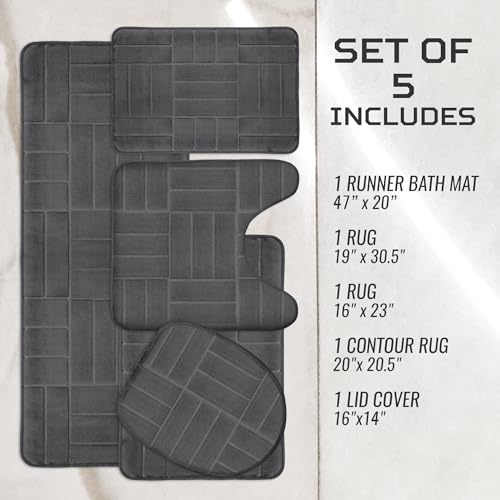 Bathroom Rugs Set - Soft Non Slip Memory Foam Large Bathroom Rug Mats - Perfect Combination of Luxury and Comfort (Charcoal/Line Design, 5 Piece Set) - color: Charcoal / Line Design
