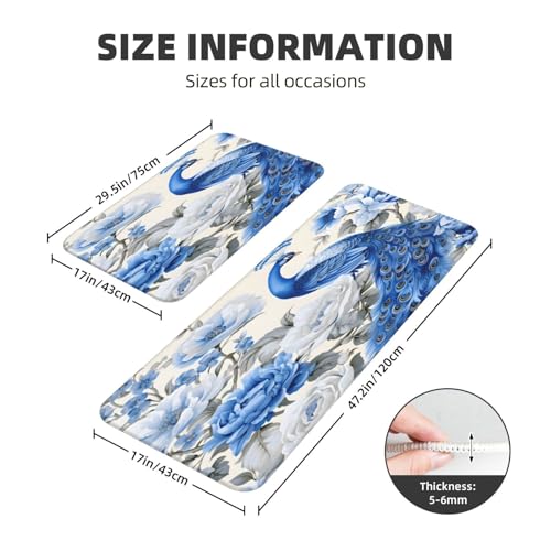 Vintage Blue Peacock Floral Kitchen Rugs Mats Set of 2 Pcs Non-Slip Floor Mats Washable Runner Rugs Set for Bathroom Laundry Hallway Kichen Comfort Standing Mat - color: Vintage Blue Peacock Floral