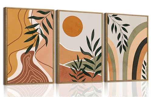 Bwodke Boho Wall Art, Framed Abstract Sun Wall Art, Botanical Canvas Wall Decor, Mid Century Line Leaf Geometric Pictures Set of 3, Minimalist Paintings, for Bedroom Living Room Bathroom 12"x16" - color: Sun Leaf, size: 12"x16"Natural