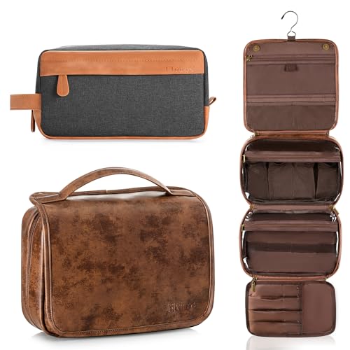 Elviros Hanging Travel Toiletry Bag Gift for Men，Mens Toiletries Bag Gifts Set Shaving Dopp Kit Water-resistant Bathroom Toiletries Organizer PU Leather Cosmetic Bags 2 Pack - color: Dark Brown, size: 2 Pack