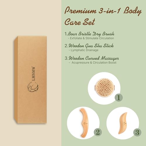 Dry Body Brush Set for Lymphatic Drainage, Round Boar Bristle Dry Brushing Body Brush with Strap, Wood Therapy Kit with Wooden Acupressure Massage Tools for Face Body Gua Sha Sculpting