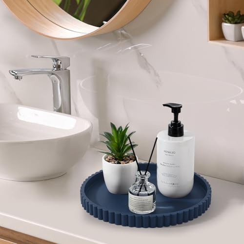 Round Bathroom Tray Silicone Kitchen Counter Decor Vanity Organizer Decorative Coffee Table Tray for Perfume, Candle, Soap Dish, 10 Inch, Dark Blue - color: Dark Blue, size: 10"