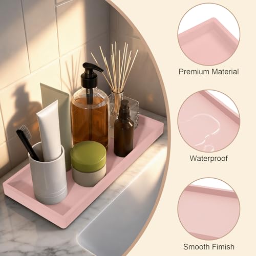 Bathroom Vanity Tray, Silicone 11.8 x 5 Inch Bathroom Counter Tray Decor, Extra-Large Bathroom Trays Holders and Organizers for Toilet Top, Dresser, Waterproof Decorative Tray, Pink - color: Pink, size: 11.8" x 5" x 0.8"