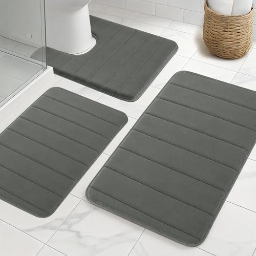 Bathroom Rugs Sets 3 Pieces Ultra Soft High Density Foam Bath Rug with Anti-Slip Backing, Absorbent Dark Grey Bath Carpet with Toilet Rug for Bathroom, Bedroom, Kitchen,Tub - color: Dark Grey, size: 31" X 19" + 23" X 15" + U19" X 15"