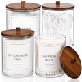 4 Pack Qtip Holder Dispenser with Wood Lids - 10 oz Clear Plastic Apothecary Jar Containers for Vanity Makeup Organizer Storage - Bathroom Accessories Set for Cotton Swab,Pads, Ball, Floss