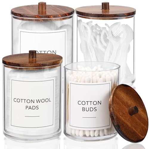 4 Pack Qtip Holder Dispenser with Wood Lids - 10 oz Clear Plastic Apothecary Jar Containers for Vanity Makeup Organizer Storage - Bathroom Accessories Set for Cotton Swab,Pads, Ball, Floss