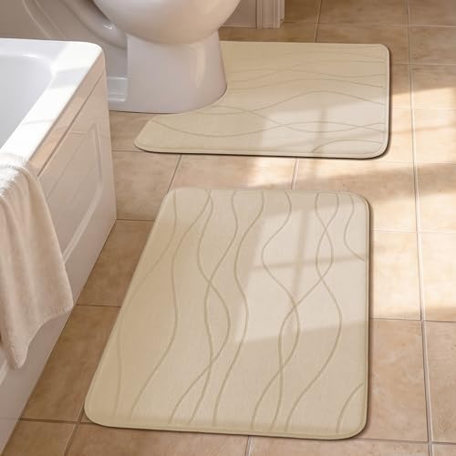 YIHOUSE Bathroom Rugs Set 2 Piece, Memory Foam Bath Mat Khaki | U Shaped+Small Mat, Ultra Soft, Absorbent, Non-Slip, Machine Washable, for Bathroom, Sink and Toilet - color: Khaki, size: 2' x 1'5" (Rectangular)