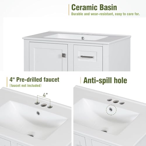 Linique 30" Bathroom Vanity with Sink Combo Set, Solid Wood Frame Bathroom Storage Cabinet with a Soft Closing Door and 3 Drawers, White - color: White, size: 30"/ Door without Organizer
