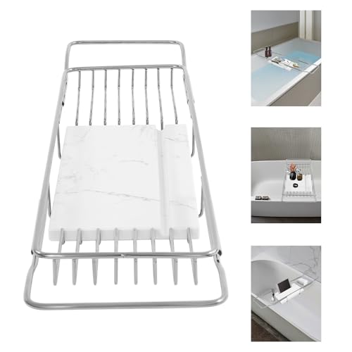 Expandable Bathtub Tray, 26.7-35.4 Inches Stainless Steel Bath Caddy Tray with Marble Base Adjustable Luxury Bath Trays for Tub Scented Candle Wine Glass Books (Silver+White) - color: Silver+white