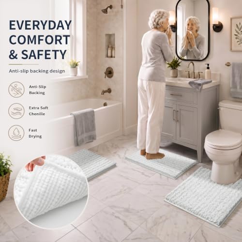 Yimobra Bathroom Rug Set 3 Piece - Super Absorbent Quick Dry Chenille Bath Mats & Toilet Rug, Non Slip Machine Washable, Extra Thick Shaggy Floor Mat for Shower Tub Sink, White - color: White, size: 24"x17" + 24"x20" + 30"x20"