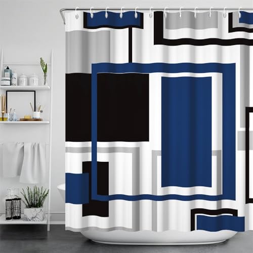 60x72inch Blue Abstract Geometric Shower Curtain Set with Hooks Blue Black White Grey Bath Curtain for Bathroom Blue Grey Fabric Shower Curtain Bath Curtains Decorative Stall Hotel Bathtubs - color: Blue Black02, size: 60"W x 72"L (Pack of 1)