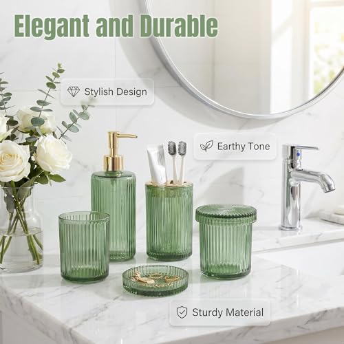 Bathroom Soap Dispenser & Toothbrush Holder Set 4Pcs Green Glass | Bathroom Accessories Set Includes Soap dispenser, Toothbrush holder & Qtip holders, Modern Bathroom Decor, Housewarming gift - style: 4 pcs Green