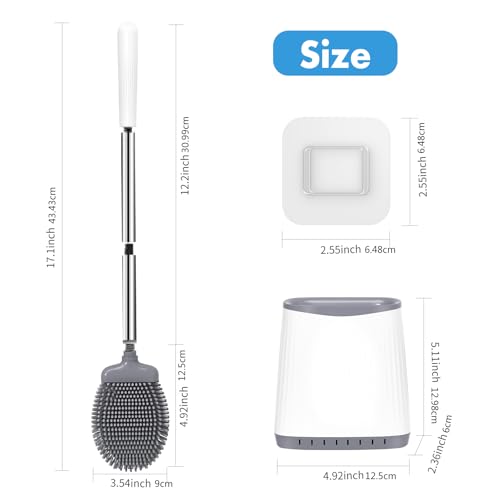 Toilet Brush, Silicone Toilet Brush and Holder, Flexible Toilet Bowl Brush Head with Ventilated Holder, Wall Mounted Compact Toilet Brush Set for Bathroom Cleaning (1, Gray)